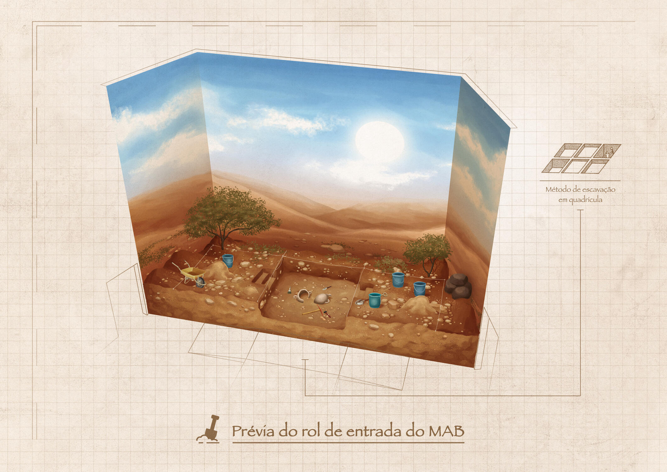Prévia do rol de entrada do MAB – pintura digital que serviu de base para a montagem do cenário do rol de entrada do MAB (Museu de Arqueologia Bíblica)