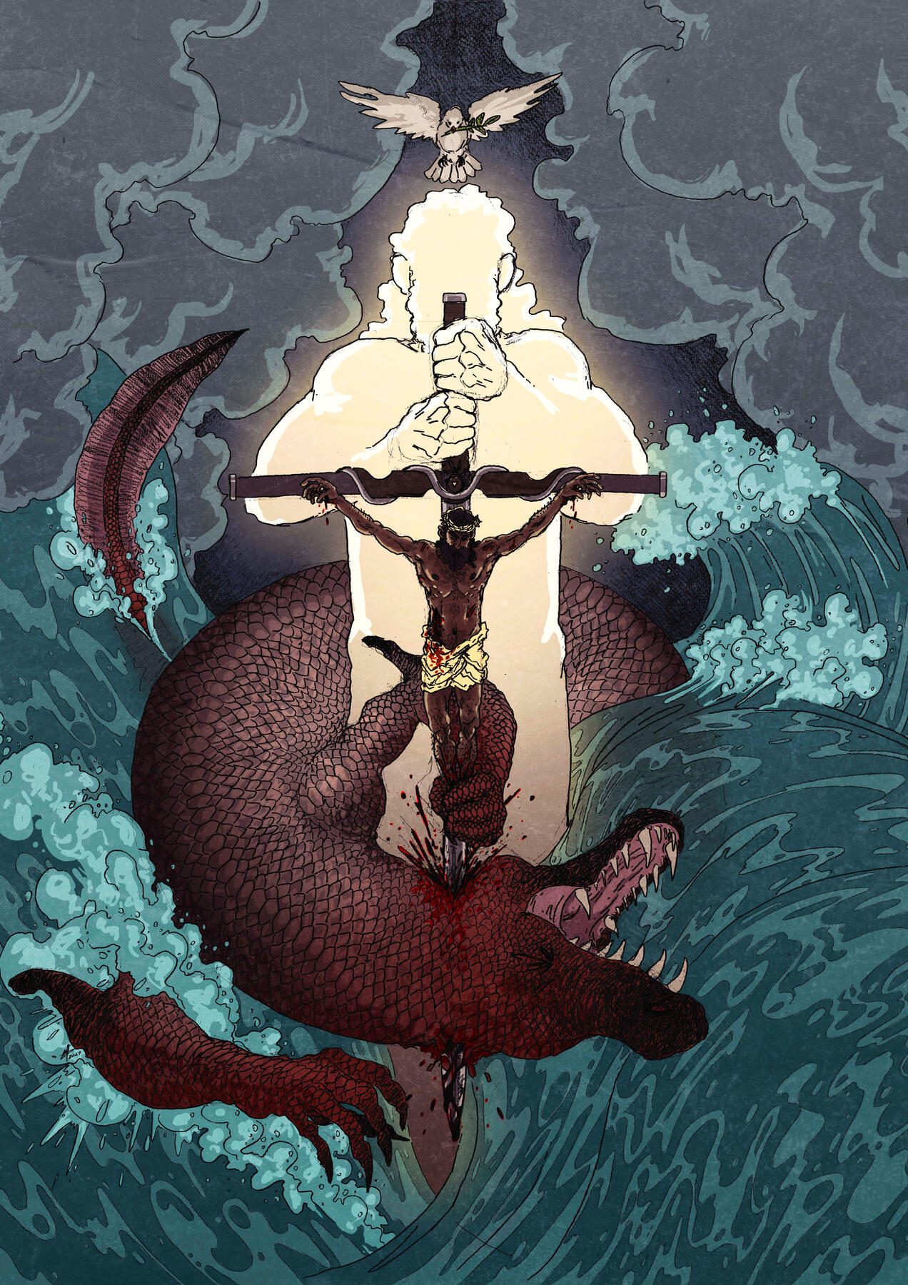 A Vitória da Ordem Triúna sobre o Caos Primordial – ilustração em grafite com pintura digital, vencedora em concurso cultural do @efeitoprisma