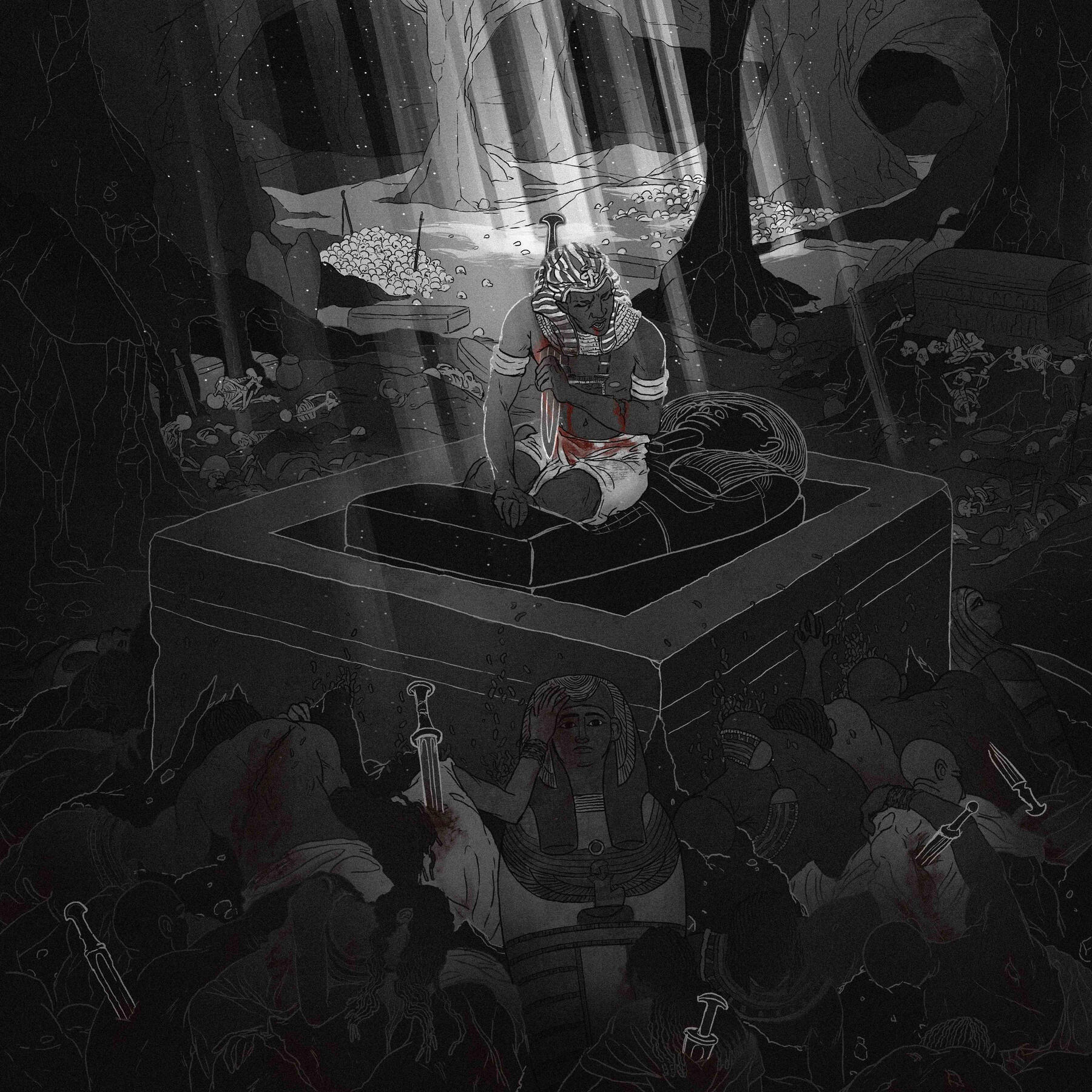 Ezequiel 32:18-21, 28-32 – ilustração bíblica em lineart e pintura digital, parte do acervo da OldNewBox