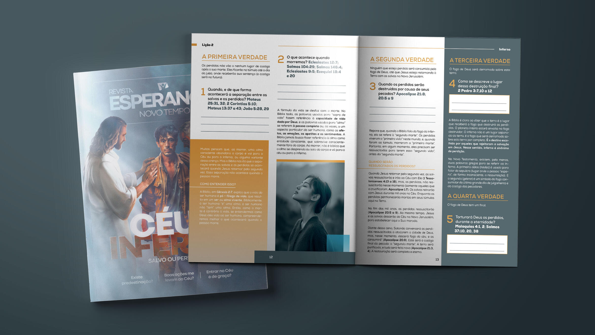 Guia de estudos (Céu ou Inferno) – produção de diagramação e edição de imagens para o guia de estudos "Céu ou Inferno", publicado pela Rede Novo Tempo de comunicação. Capa de José Gasperazzo