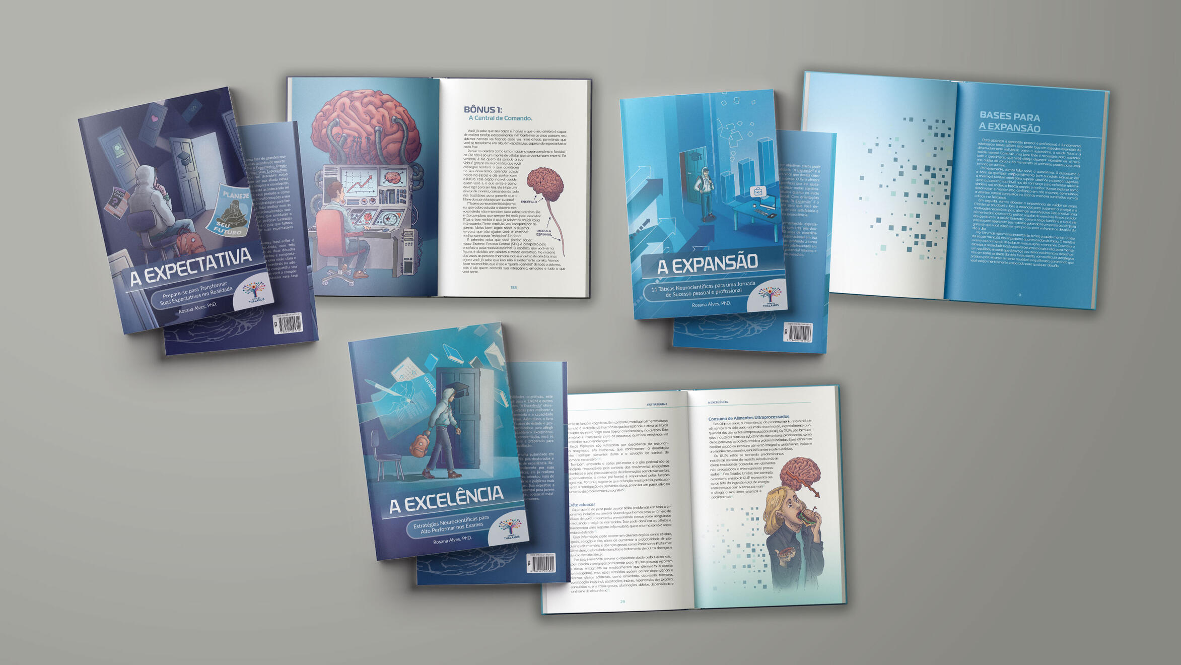 Série Neurociência e Habilidades para a Vida – coordenação de equipe, projeto gráfico, artes de capa e diagramação para série de livros paradidáticos de Rosana Alves, PhD., publicado por Projeto Thalamus. Ilustrações de Kelvin Fontes e cores de Lia Costa